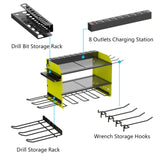 Wall Mount Drill Storage Rack with Charging Station Power Tool Organizer Drill Holder Drill Bit Organizer for Garage Workshop Holds 4 Drills with 8 Outlet Power Strip Christmas Gift(Green Three Layer) Luffioner