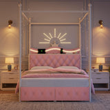 Keyluv Full LED Canopy Bed Frame with Storage Drawers and Charging Station, Four Poster Bed Frame with Upholstered Button Tufted Crown Headboard, 2 in 1 Royal Princess Pink Bed with Removable Posts Keyluv
