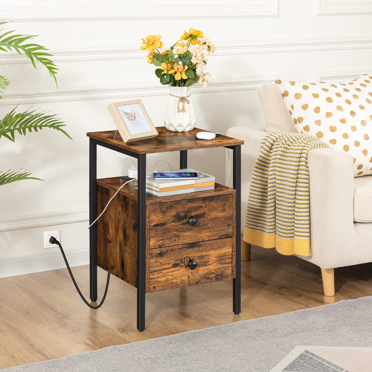 HOOBRO End Table with Charging Station and USB Ports, Side Table with Drawers and Storage Shelf, Set of 2, Bedside Table for Small Spaces, Living Room, Rustic Brown BF431BZP201 HOOBRO
