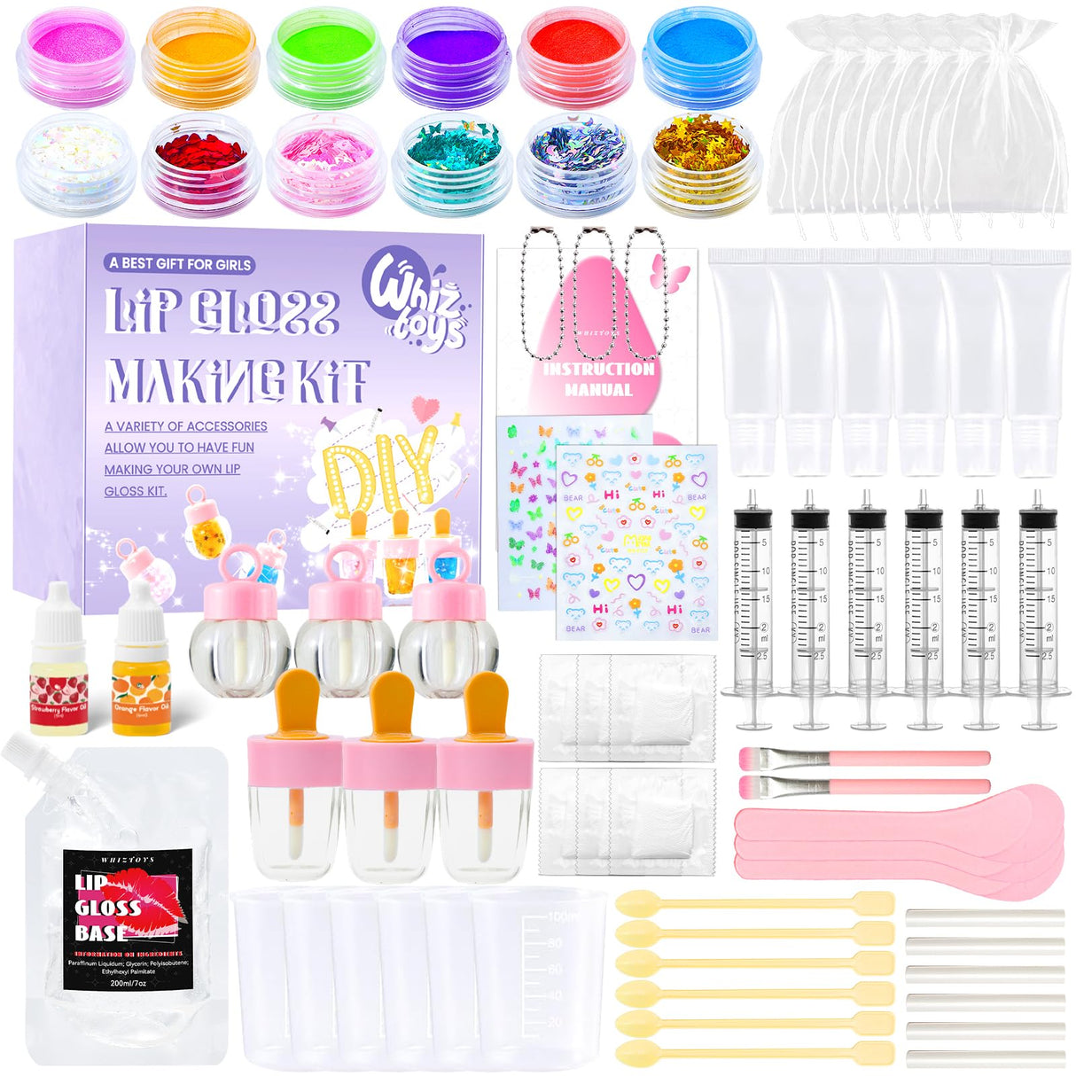 WhizToys DIY Lip Gloss Making Kit 74 PCS, Purple Kids Lip Gloss Supplies Set Beginner, Fun Craft Set Moisturizing Base, Birthday Gift for Girls, Kids, Teenagers, Women WhizToys