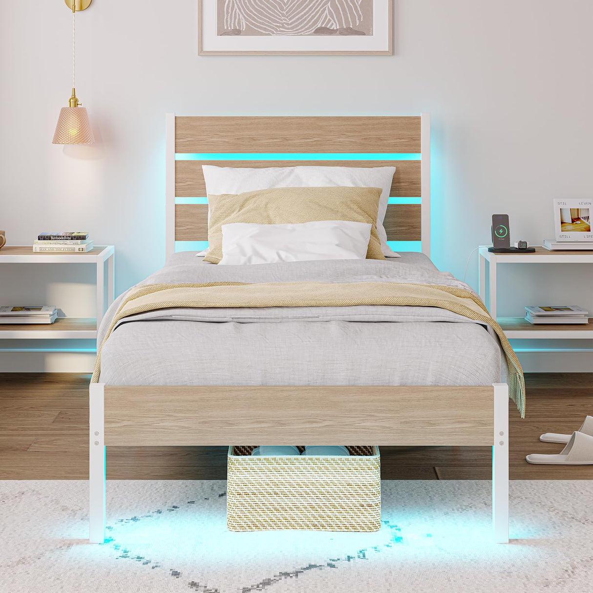 PUNICE Twin Size Bed Frame with Charging Station, LED Light Metal Bed Frame with Wooden Headboard, No Box Spring Required, No Noise, Easy Assembly, White PUNICE