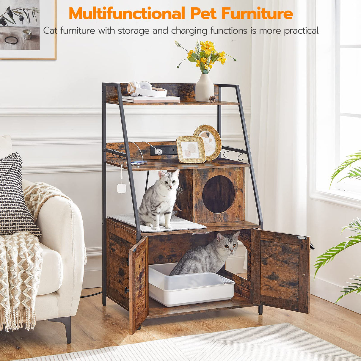 HOOBRO Litter Box Enclosure with 2 Storage Shelves, Indoor Tall Cat Litter Box Furniture Hidden with Charging Station with Cat House and Plush Mat, Rustic Brown and Black BF70UMW01 HOOBRO