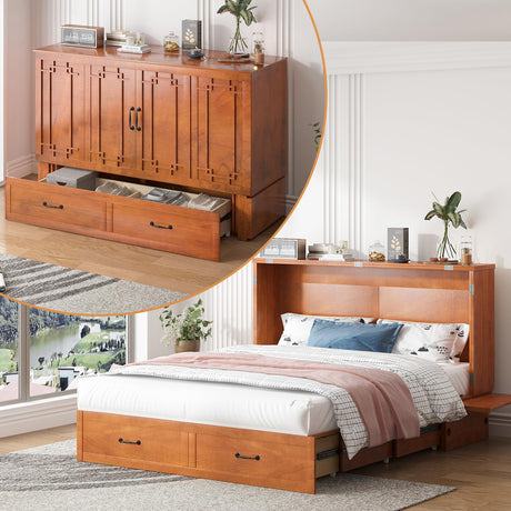 PUREMIND Queen Murphy Bed Cabinet with Mattress Included, Cabinet Beds with Storage Drawers, Murphy Chest Bed with USB Charging Station, Horizontal Murphys Wallbed for Bedroom, Guest Room PUREMIND