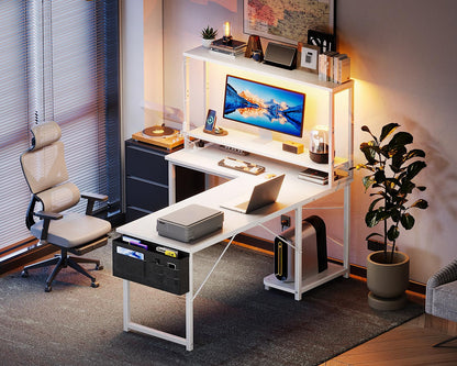 AODK L Shaped Desk Gaming Desk with LED Light & Power Outlet, 53 Inch Reversible L Shaped Computer Desk with Shelf, Corner Desk with Storage Bag&Hook for Home Office Desk, White