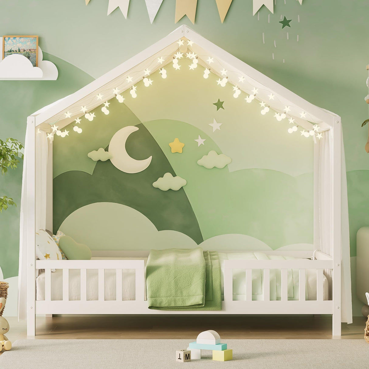 Bellemave Twin House BedFrame with Canopy, Montessori Floor Bed, House Bed with Rails for Kids, White Bellemave