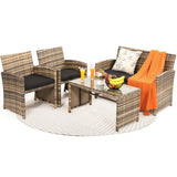 KROFEM 4 Pieces Rattan Patio Furniture Set,Outside Sectional Conversation Cushioned Sofa Set, Wicker Sofa Ideal for Garden, Porch, Backyard, Natural Rattan with Black Cushion KROFEM