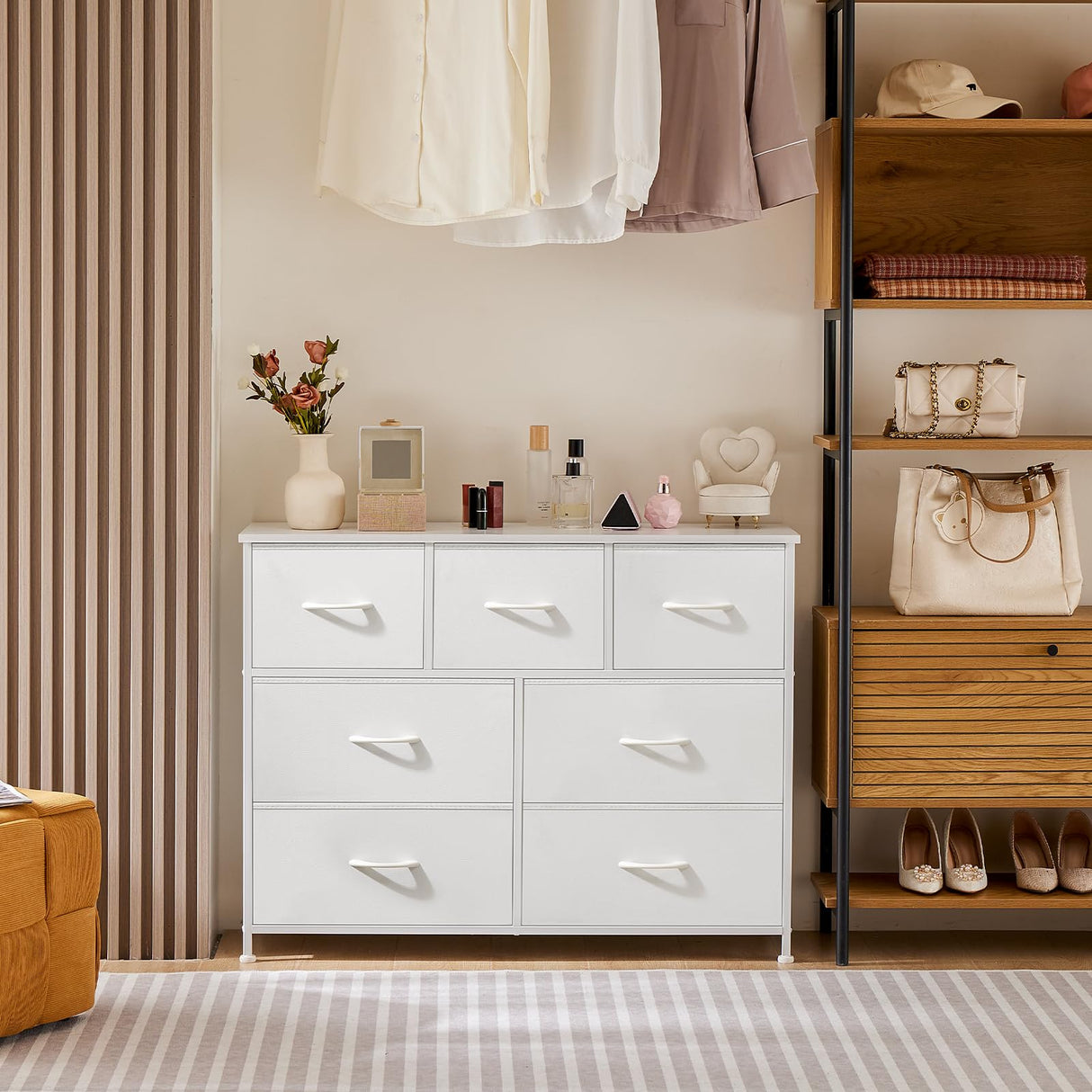 OLIXIS Dresser for Bedroom, 7 Storage Drawers, Wide Fabric Closet Chests Organizer Tower Furniture, TV Stand with Wooden Top Metal Frame for Clothes, Living Room, Hallway, Entryway, Classic White OLIXIS