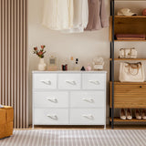 OLIXIS Dresser for Bedroom, 7 Storage Drawers, Wide Fabric Closet Chests Organizer Tower Furniture, TV Stand with Wooden Top Metal Frame for Clothes, Living Room, Hallway, Entryway, Classic White OLIXIS