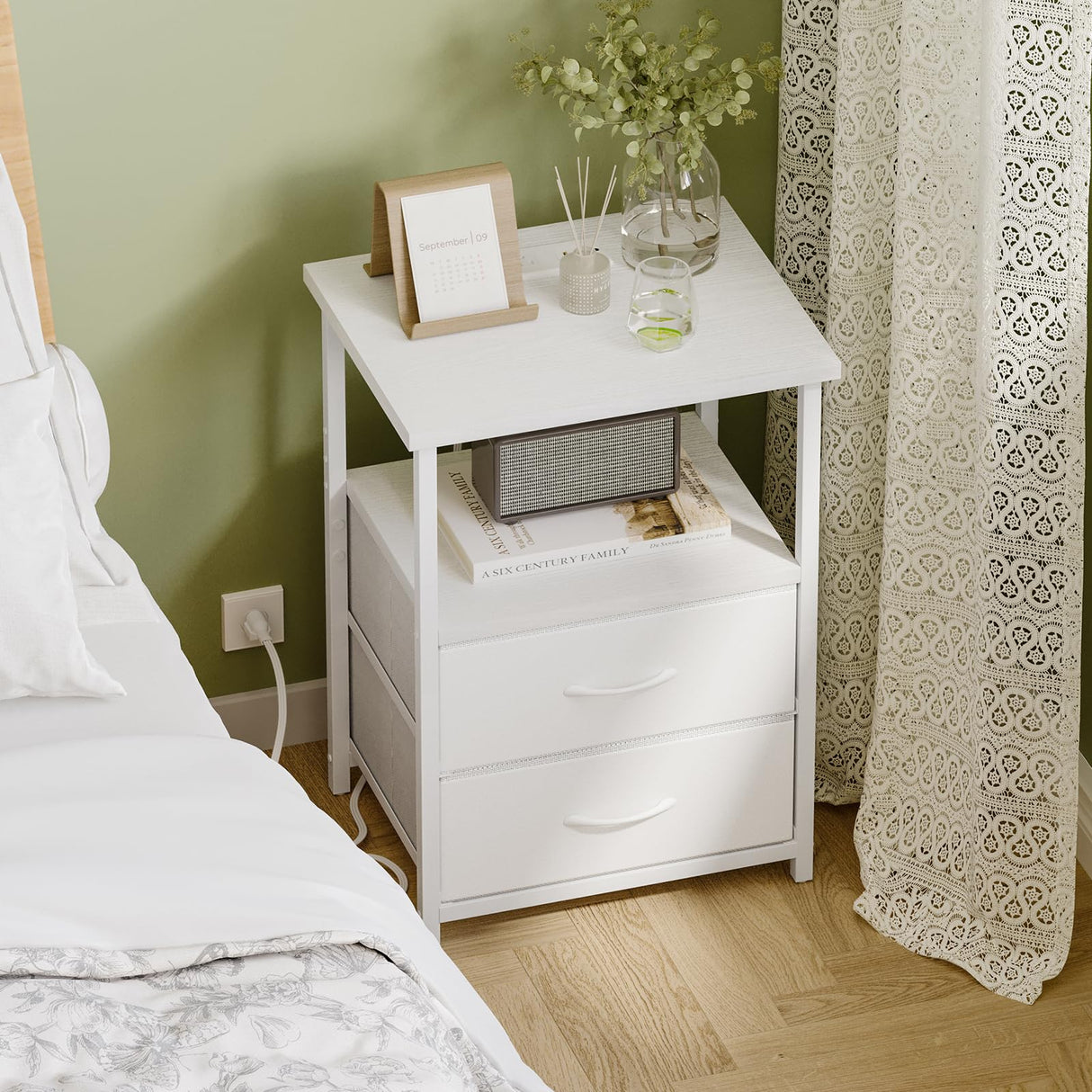 Fixwal White Night Stand with Charging Station, Bedroom Nightstand with Fabric Drawers, Bedside Table with PU Finish Fixwal