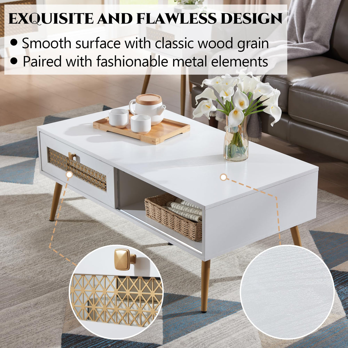 Wooden Mid Century Modern Coffee Table, Retangle Coffee Table with Sliding Door for Living Room, White KACVON