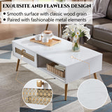 Wooden Mid Century Modern Coffee Table, Retangle Coffee Table with Sliding Door for Living Room, White KACVON