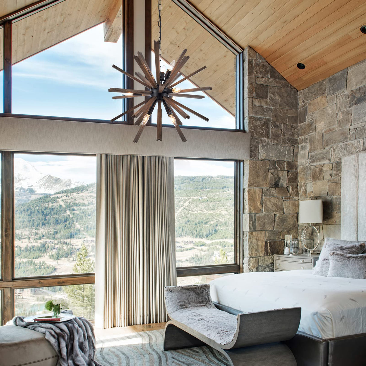 VANZARLA 9-Light Sputnik Pendant Light Black, Farmhouse Wood Chandelier for Dining Room Industrial Hanging Light Fixture Ceiling for Bedroom Entryway Kitchen Foyer Living Room VANZARLA