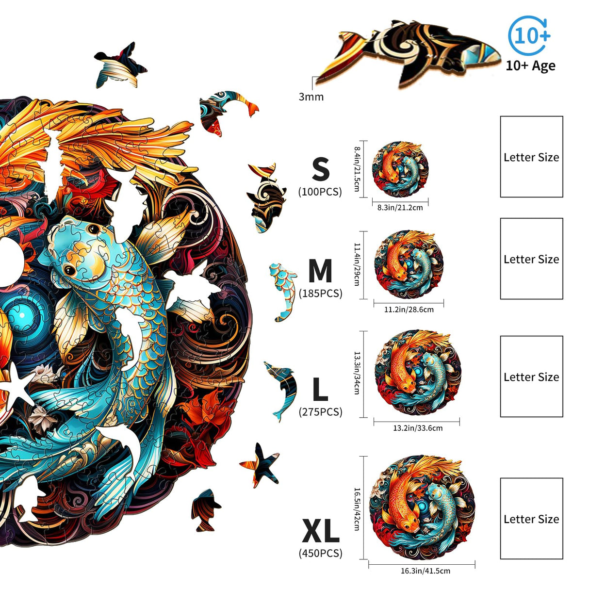 Woodemon Wooden Puzzles for Adults, Yin Yang Fish (M-185pcs) Wooden Jigsaw Puzzles Kids, 11.4*11.2in Unique Shaped Animal Wood Puzzles Adults, Christmas Puzzles Xmas Birthday Gifts Family Puzzle Games Woodemon