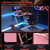 Tangkula L Shaped Gaming Desk with Power Outlets, Small Gaming Computer Desk 39inch with Storage Shelf, Corner Desk with Carbon Fiber Texture, Gamer Desk Gaming Table (Pink) Tangkula