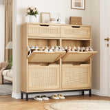 Jocoevol Rattan Shoe Cabinet Storage for Entryway - Hidden Shoes Storage with 4 Flip Drawers, Narrow Shoe Organizer Cabinet for Hallway, Foyer (Brown) Jocoevol