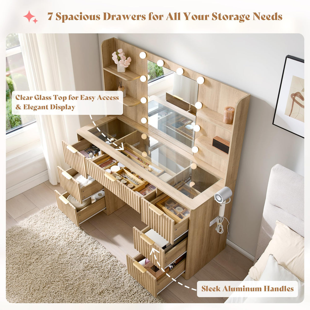 AMERLIFE 47.2" Fluted Vanity Desk with Mirror and Adjustable LED Lights, Large 7 Drawers Makeup Table with Glass Top and Charging Station for Women and Girls, Bedroom or Dorm, Natural Oak AMERLIFE