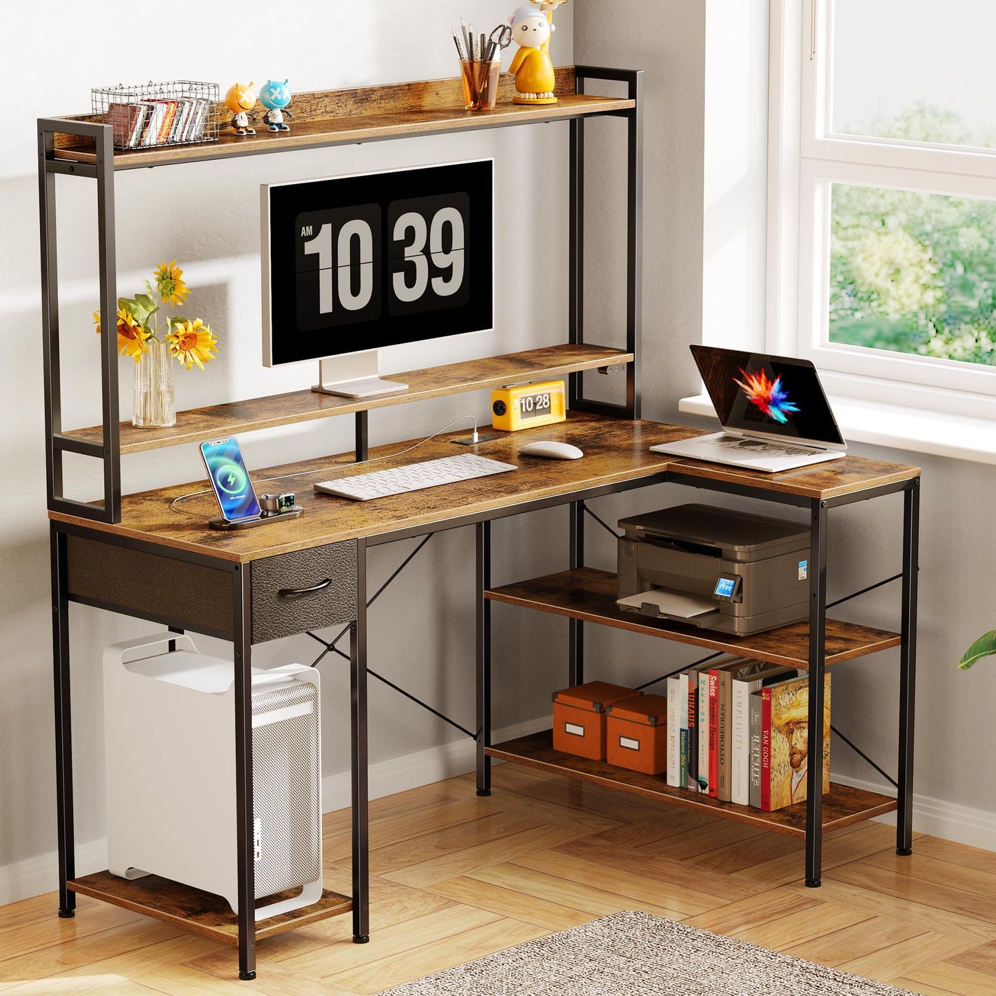 Seventable Gaming Desk with LED Light & Power Outlets, 47 inch Computer Desk with Shelves, Reversible L Shaped Desk with Monitor Stand, Corner Desk for Small Space, Rustic Brown - WoodArtSupply