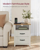 VASAGLE LIRY Collection - Farmhouse Nightstands with Charging Station, Set of 2 Bedside Tables, Side Tables with 2 Drawers, Open Compartment, for Bedroom, Rustic White and Honey Brown ULET869W01 VASAGLE