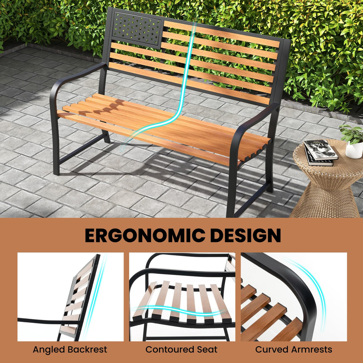 Tangkula 50” Patriotic Metal Garden Bench for 2 with Rustic Wood Finish and Ergonomic Design Tangkula