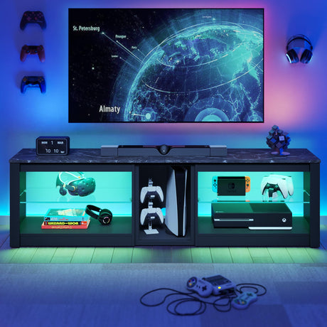 Bestier TV Stand for 70 inch TV, Gaming Entertainment Center for PS5, LED TV Cabinet with Glass Shelves for Living Room, 63'' Inch, Marble Black Bestier