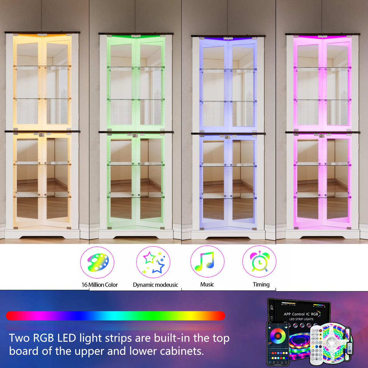 PAKASEPT 71'' Farmhouse Corner Display Curio Cabinet with LED Lights&Tempered Glass Doors,Display Case with Light Strip,Shelves,Floor Standing Liquor Wine Cabinet Storage Rack for Bar,White PAKASEPT