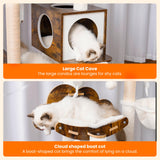 Hebly Wood Cat Tree for Indoor Cats, Cat Condo for Large Cats with Self Groomer,Modern Cat Scratching Tower with Basket,Hammock,Dangling Ball and leaves,Rustic Brown HCT120SR Heybly