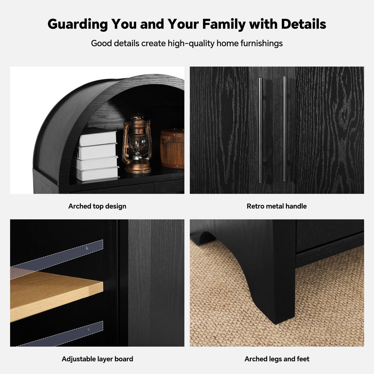 71" Farmhouse Tall Arched Pantry Storage Cabinet, Display Cabinet with Glass Doors,China Cabinet,Curio Cabinet, Bookshelf&Bookcase with Doors, Kitchen、 Dining Room、 Living Room Furniture, Black FUSUNBAO