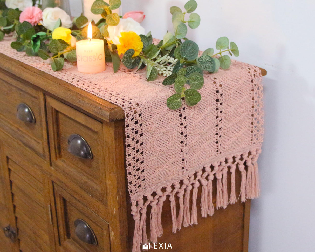 FEXIA Pink Table Runner 72 Inches Long Boho Macrame Table Runner for Summer Pink Room Decor Farmhouse Table Runner with Tassels for Dining Bedroom Decor Rustic Bridal Shower (12x72 Inches) FEXIA