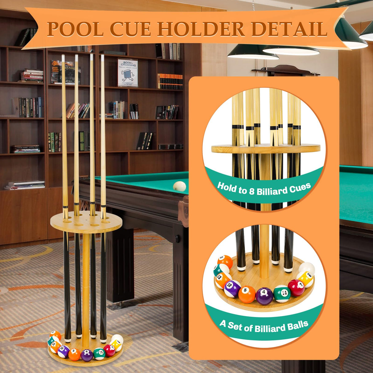 Jolensoy Pool Stick Holder Floor Stand - Round Billiard Cue Rack Pool Table Accessories Holds 8 Pool Cues, Wooden Freestanding Pool Cue Rack Billiards Table Stand for Game Room Billiard Room Decor Jolensoy