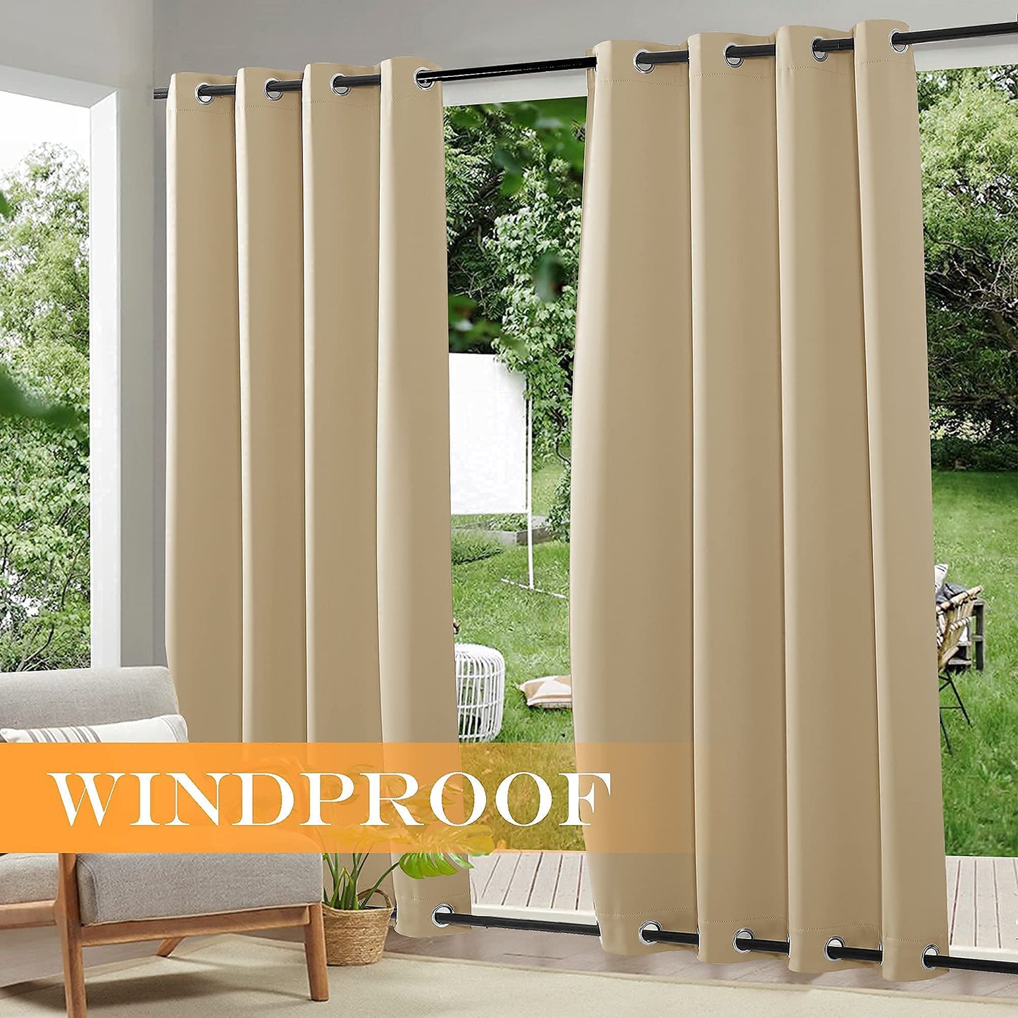 RYB HOME 2 Panels Outdoor Patio Curtains - Weighted Waterproof Drapes Blackout Shades Thermal Insulated Privacy Windproof Draperies for Gazebo Porch Sliding Door, Biscotti Beige, W52 x L84 - WoodArtSupply