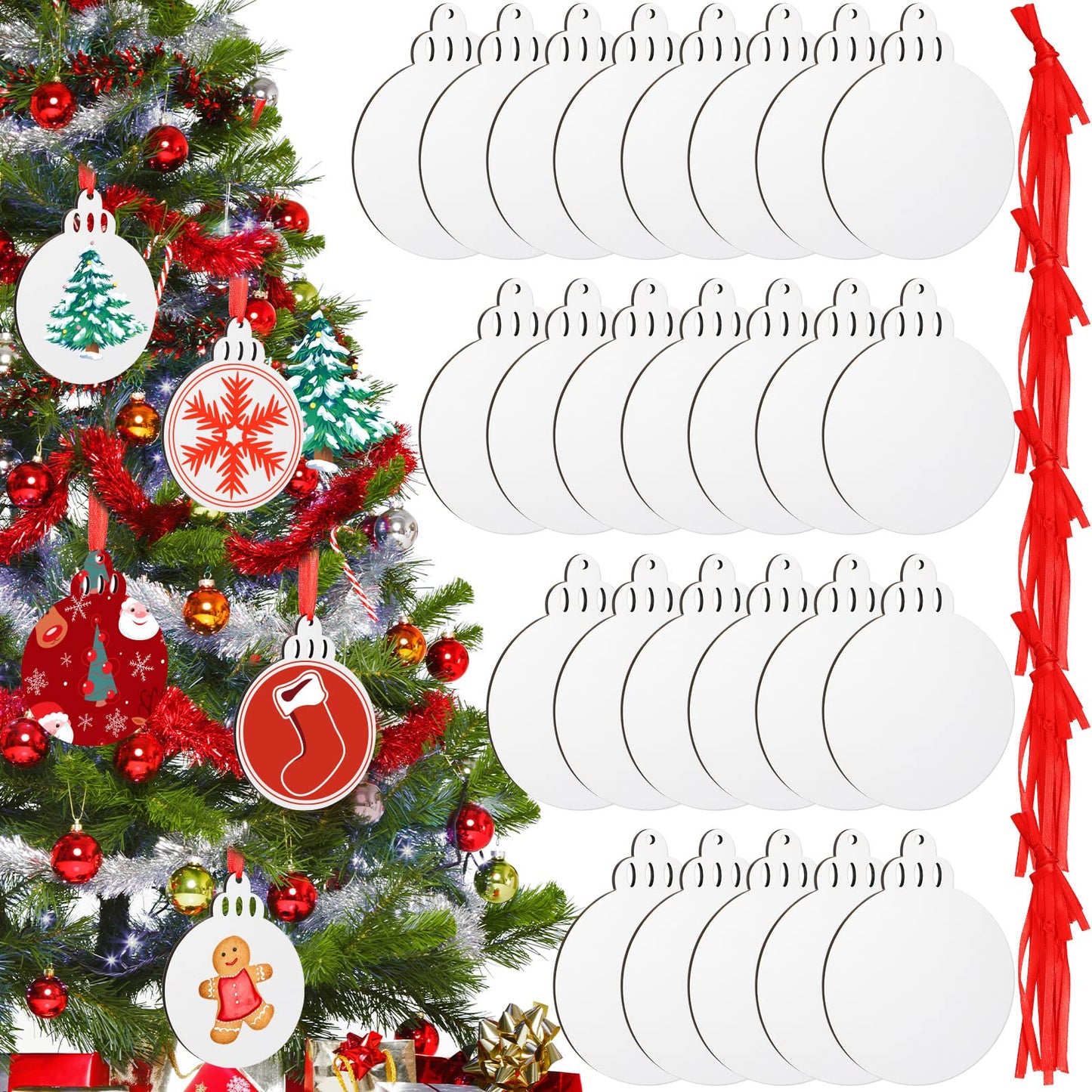 Jetec Christmas Sublimation Blank Pendants Double Side MDF Personalized Blank Bulk Heat Transfer Blank Hanging Pendant White Sublimation Ornament with Red Ribbon for DIY (72 Pcs,3.5 x 2.9 x 0.1 Inch)