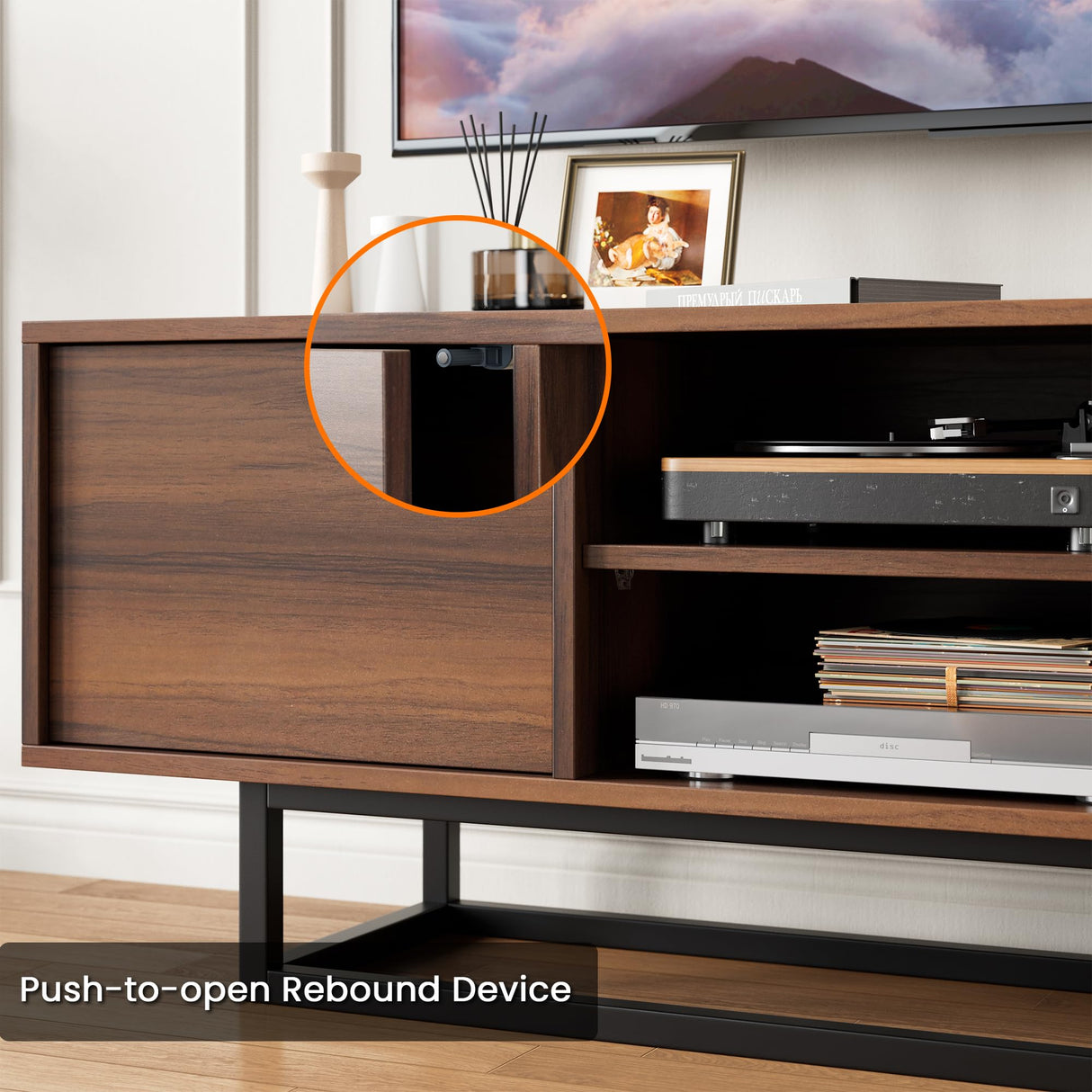 HAIOOU TV Stand for 50 55 Inch TV, Modern TV Console Small Entertainment Center with Sturdy Metal Base, Push-to-Open Doors and Soft-Close Hinges for Living Room, Bedroom - Walnut Brown HAIOOU