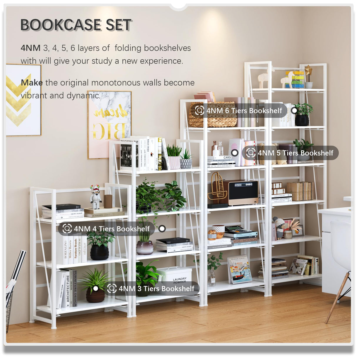 4NM No Assembly Folding Bookshelf, 6-Shelf 74" H Collapsible Foldable Bookcase Storage for Small Spaces, All White 4NM