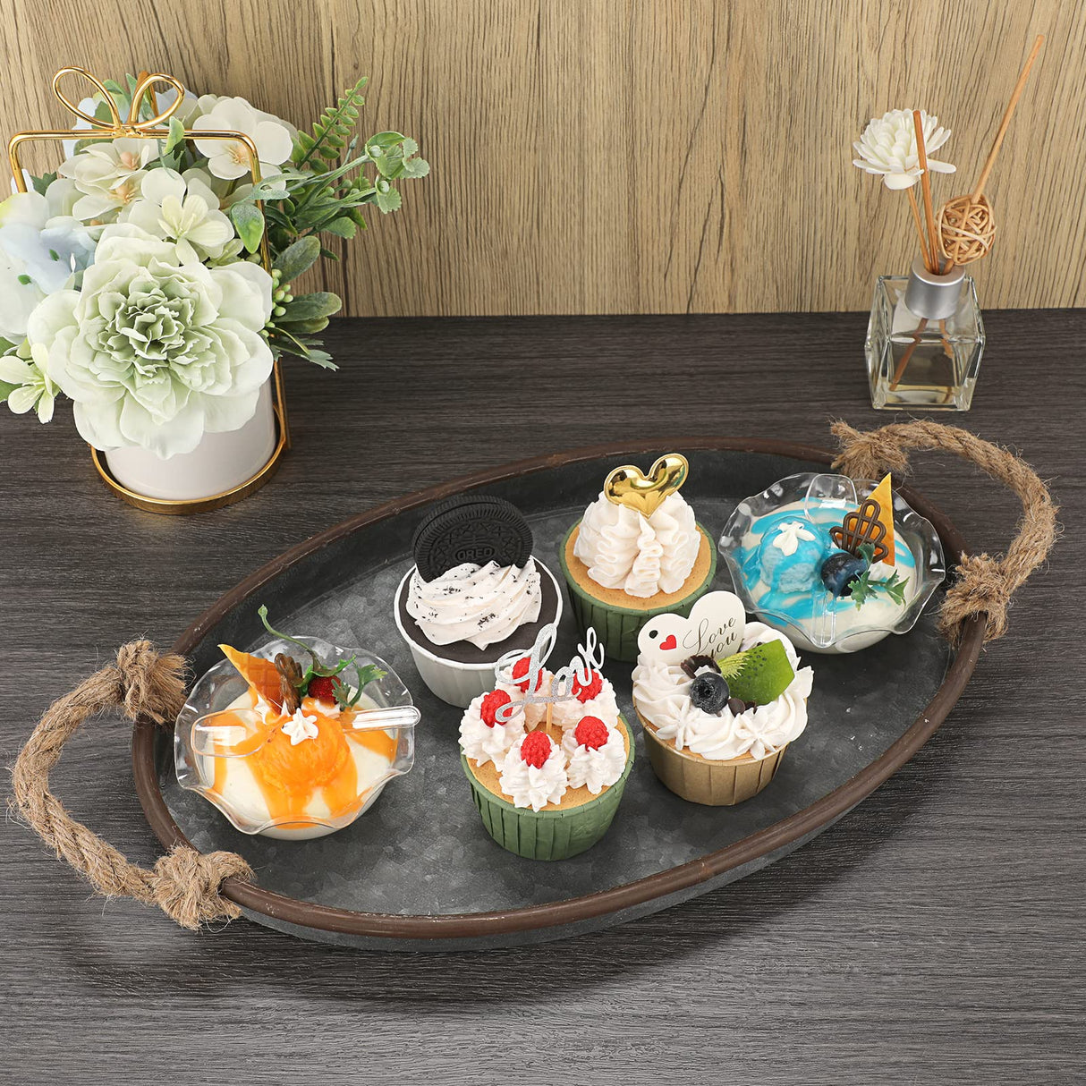 Hipiwe Galvanized Metal Iron Oval Tray with Rope Handle Farmhouse Serving Tray Rustic Industrial Decorative Centerpiece for Coffee Table Weddings and Parties Decor,Small Hipiwe