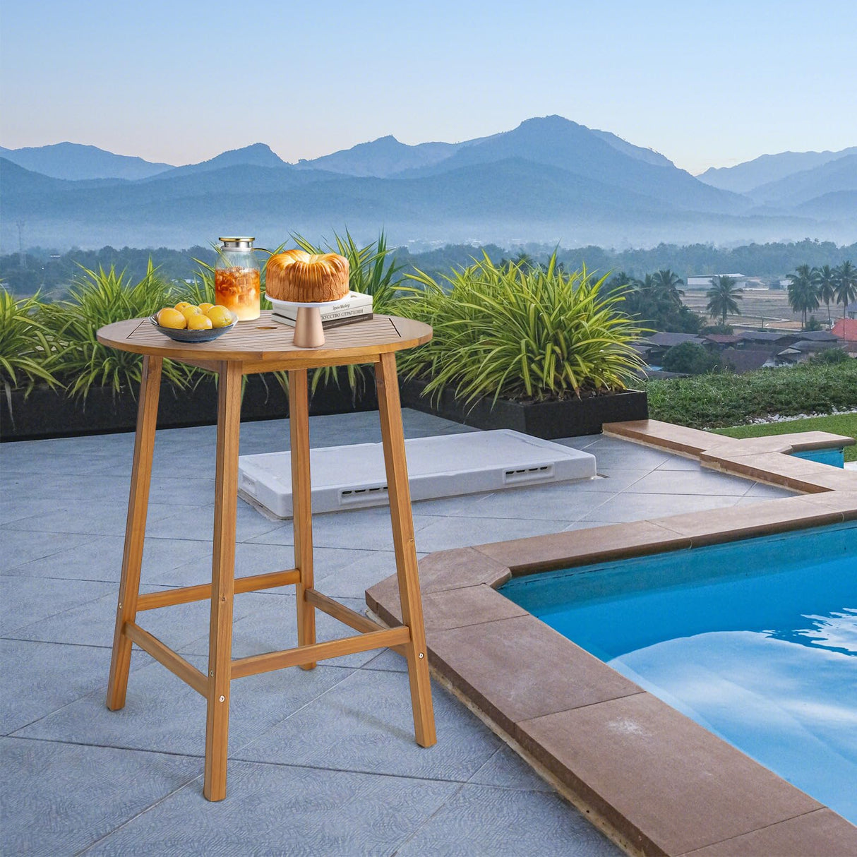HAPPYGRILL 31.5” Round Bar Table, Bar Height Table with Umbrella Hole & Slatted Tabletop, Acacia Wood Patio Bistro Table, Side Table for Indoors Outdoors HAPPYGRILL