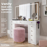 Boahaus Amelia Large Makeup Vanity Desk with Dimmable LED, 2 Bluetooth Speakers, USB Type C & Type A, 110 V Power Outlet, 11 Drawers, Crystal Knobs, Hair Dryer Holder - Premium White Boahaus