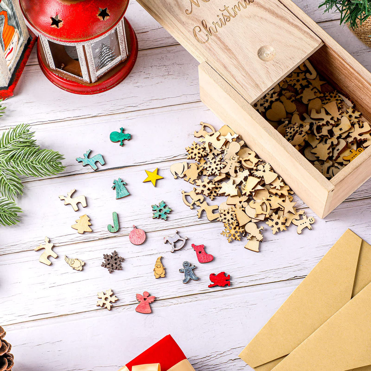 300 Pcs Unfinished Mini Wooden Ornaments Christmas DIY Mini Wood Cutouts with Storage Box for Crafts for Christmas Tree Hanging Crafts Home Decoration Gerrii