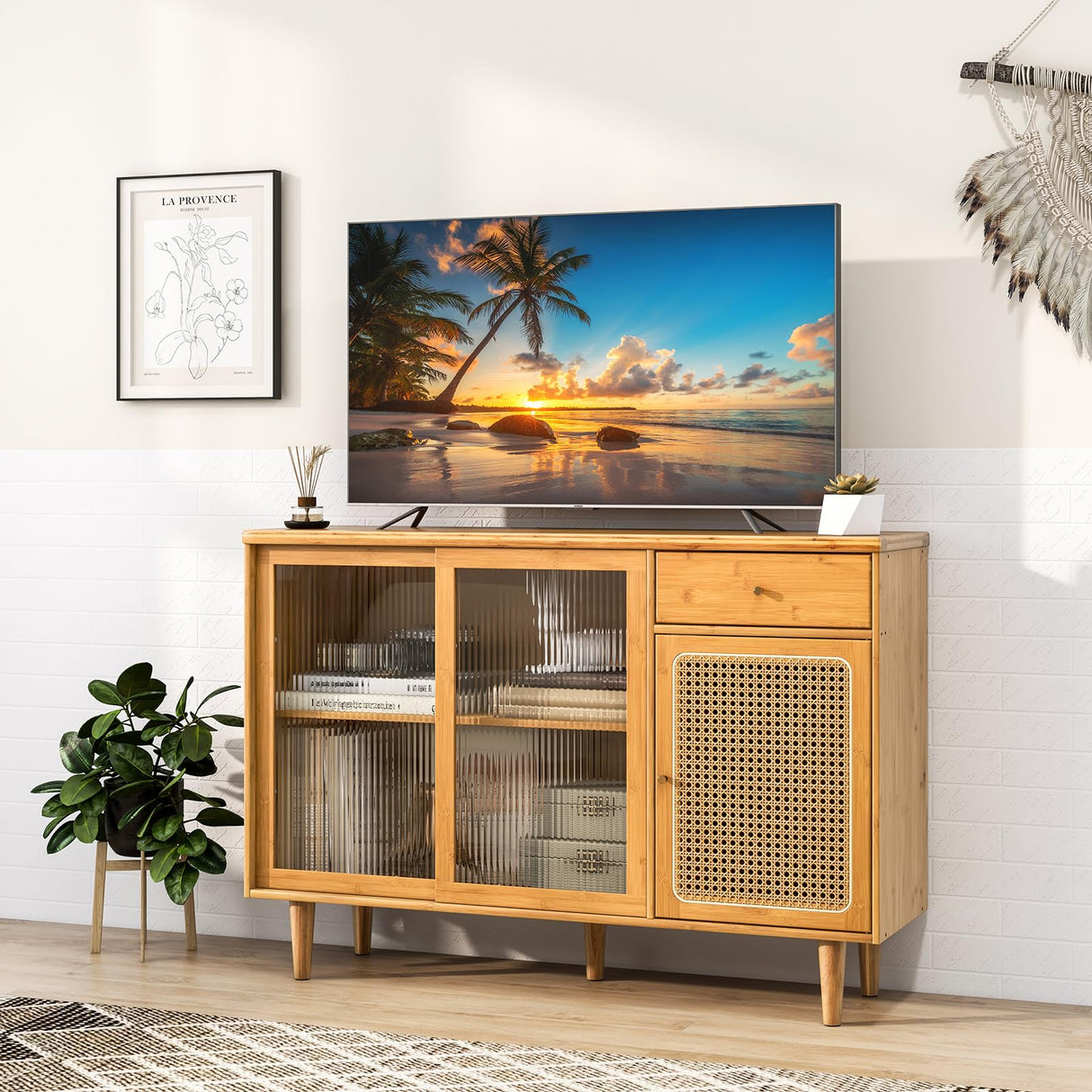 LOKO Buffet Cabinet, Modern Bamboo Sideboard with Tempered Glass Sliding Doors, Rattan Door Home Bar, Boho Coffee Bar Cabinet for Living Room Hallway LOKO