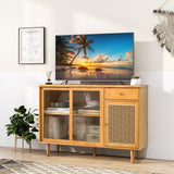 LOKO Buffet Cabinet, Modern Bamboo Sideboard with Tempered Glass Sliding Doors, Rattan Door Home Bar, Boho Coffee Bar Cabinet for Living Room Hallway LOKO