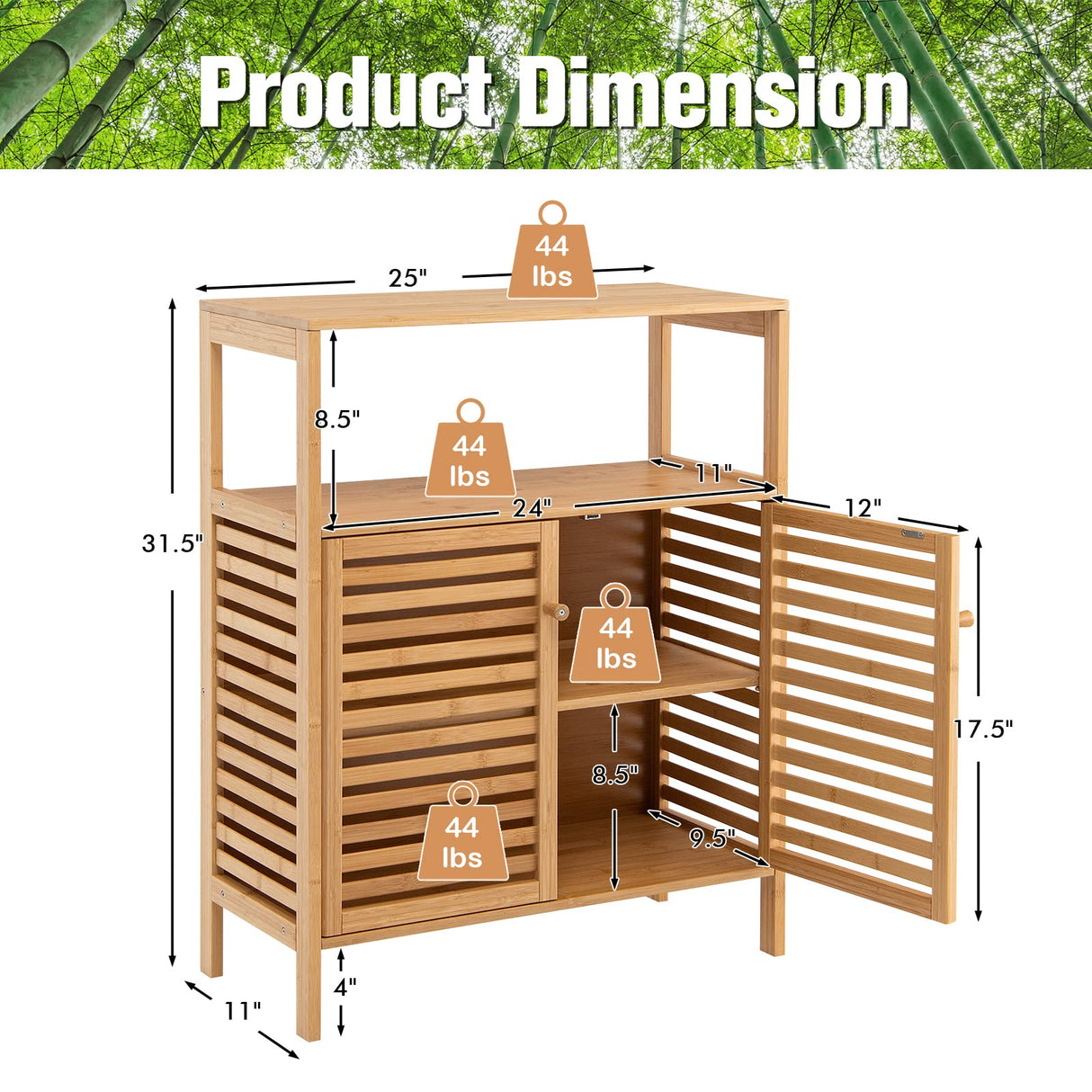 COSTWAY Bamboo Bathroom Cabinet, Freestanding Storage Cabinet Organizer with Louver Doors & Removable Shelf, Bathroom Floor Cabinet for Living Room, Kitchen, Entryway, Natural COSTWAY