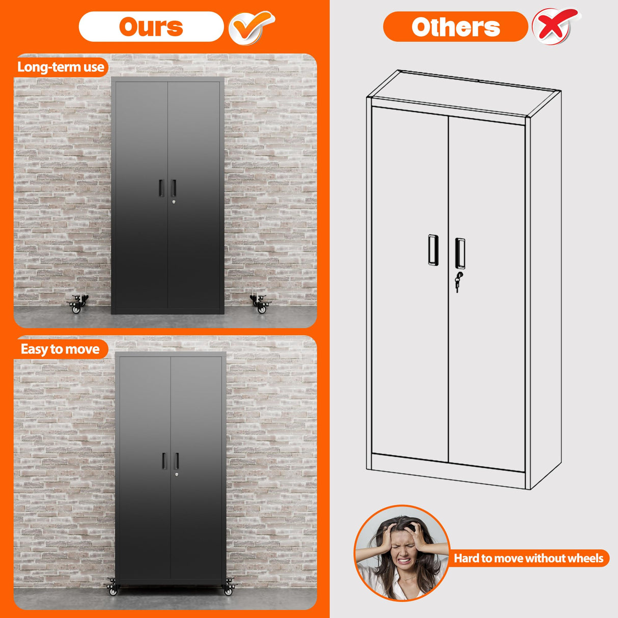 GangMei 73" Tall Garage Storage Cabinets with Wheels, Metal Storage Cabinets with Locking Doors and 4 Adjustable Shelves for Garage Home, Assembly Required, Black GangMei