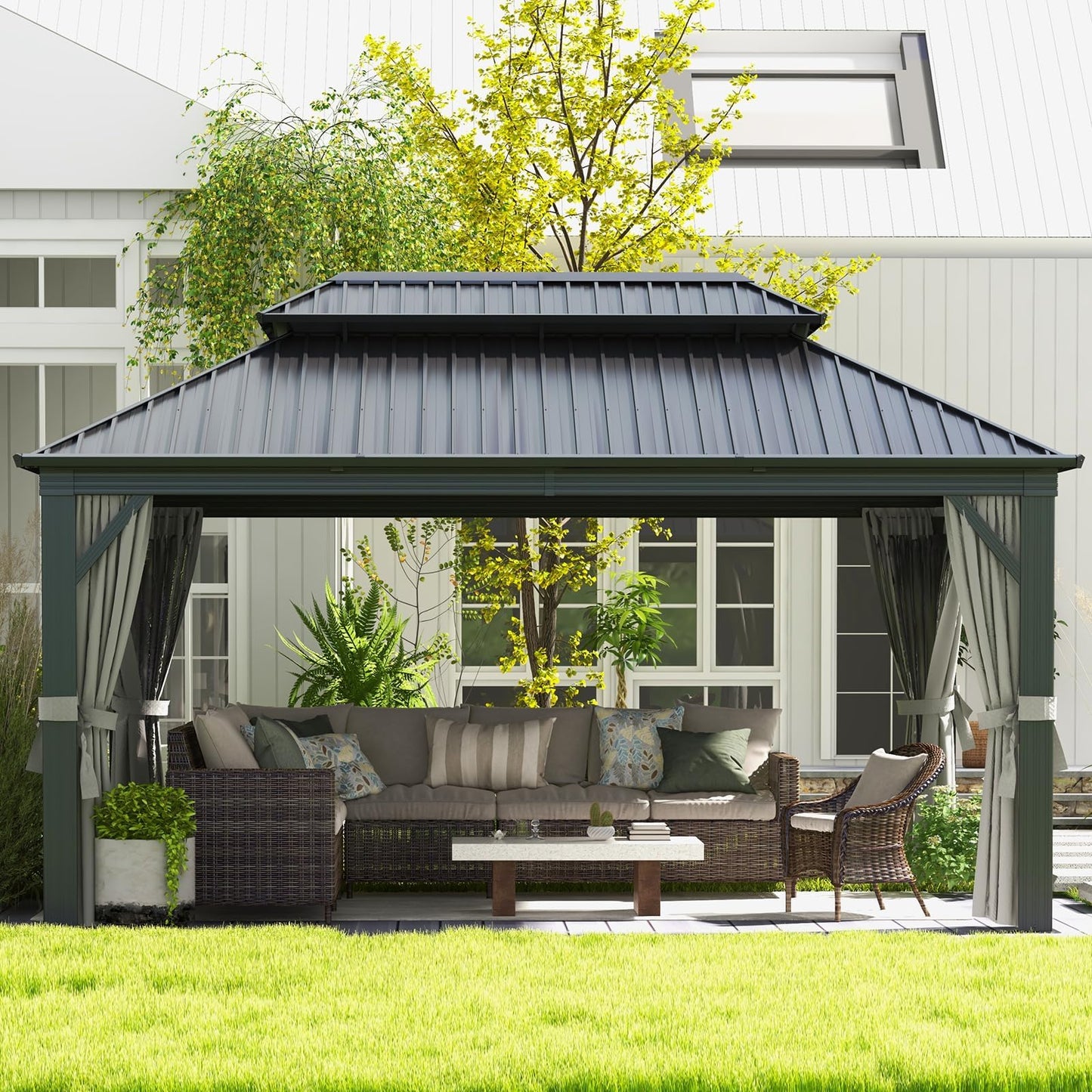 Aoxun Hardtop Gazebo 12ft X 16ft, Outdoor Gazebos with Double Roof, Galvanized Steel Permanent Aluminum Gazebo with Netting and Curtains, for Decks, Gardens, Patios, Parties