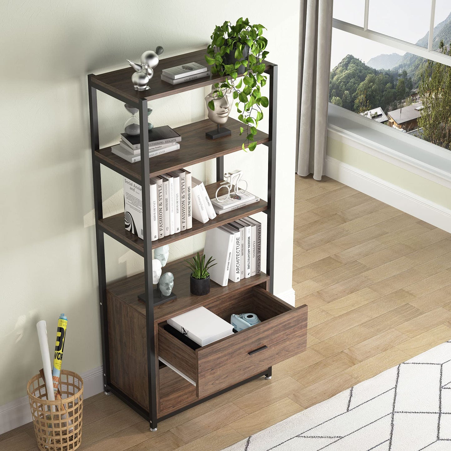 Rustic Industrial Etagere Bookcase with Drawers by Tribesigns - WoodArtSupply