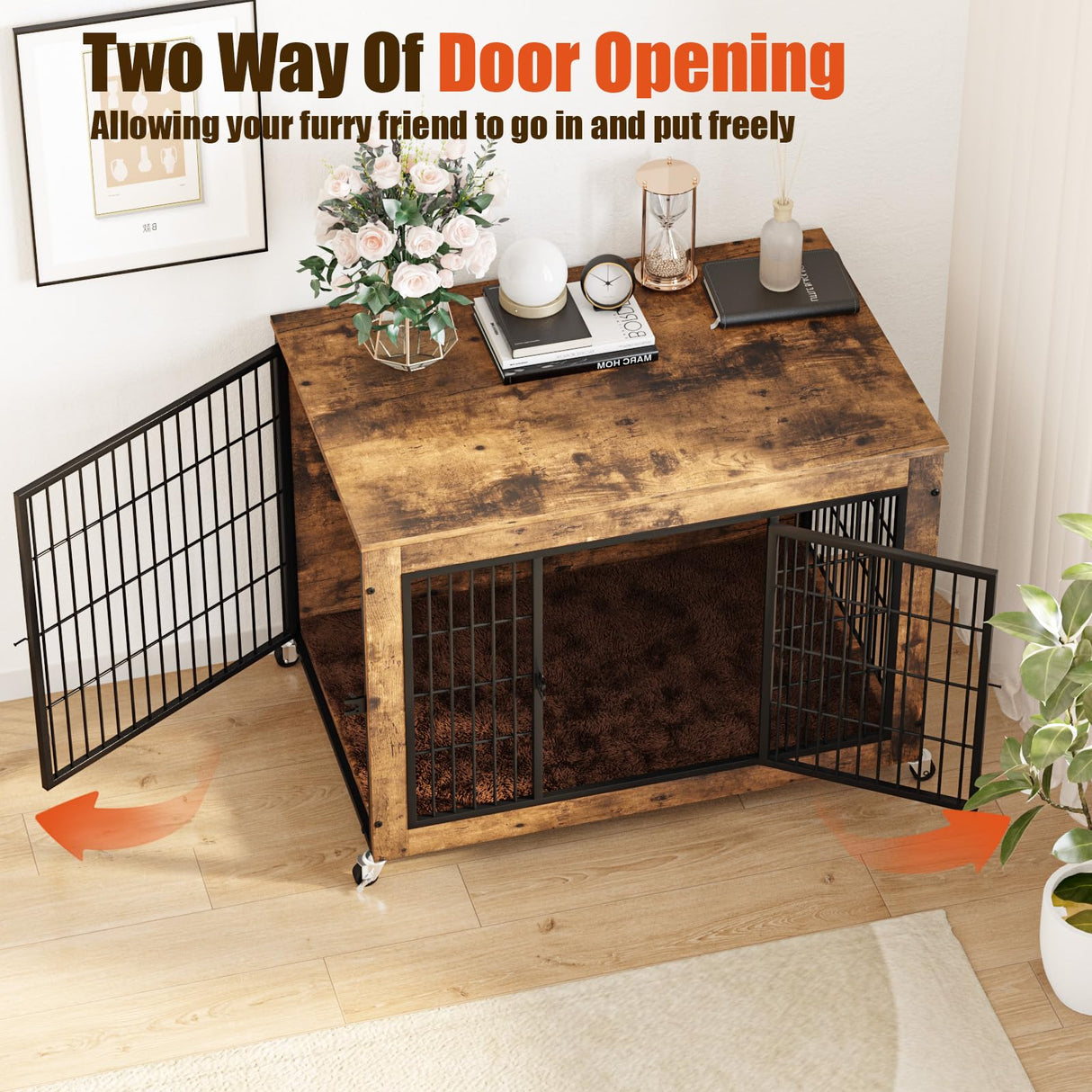 LEMBERI 38 Inch Dog Crate Furniture with Cushion, Double Doors Wooden Dog Kennel Indoor with Wheels, Pet House Decorative Side End Table for Large Medium Dogs, Rustic Brown LEMBERI