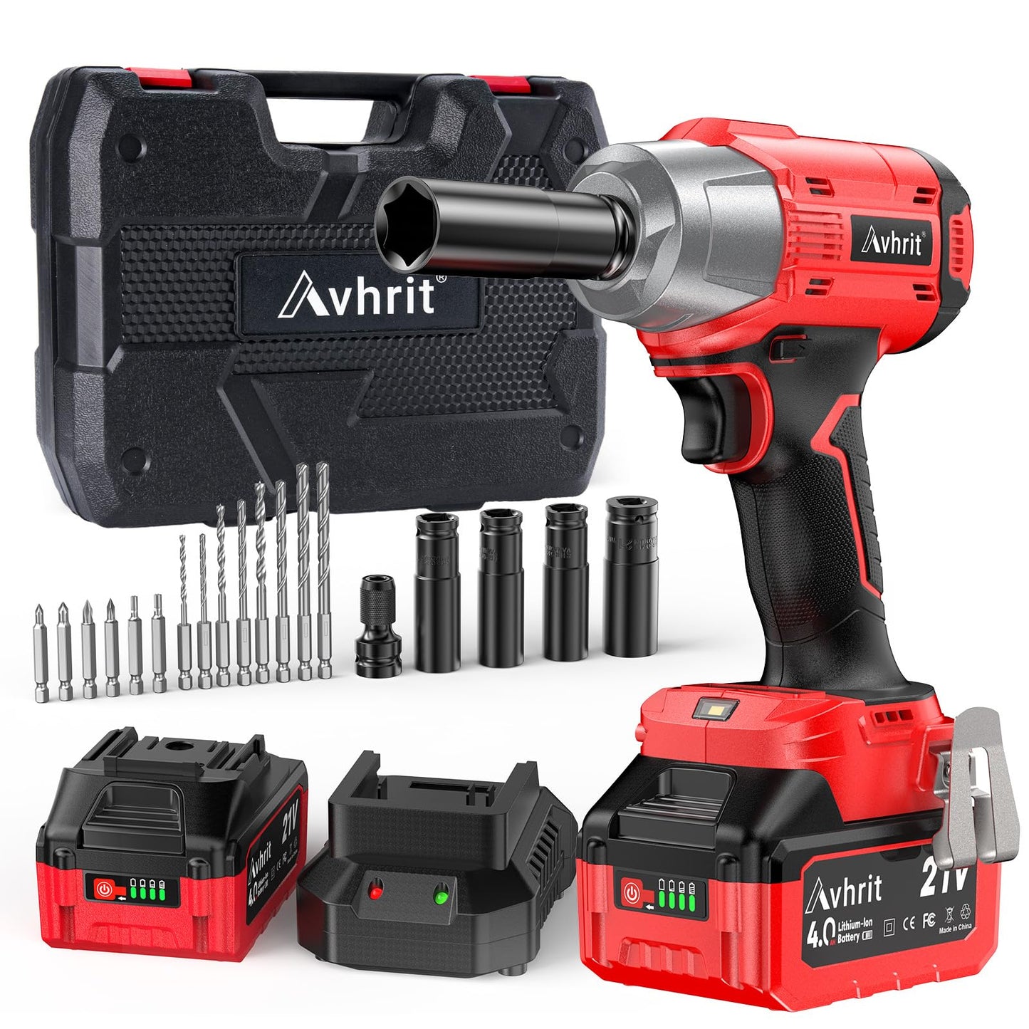 Avhrit Cordless Impact Wrench 1/2 inch, 480Ft-lbs (650Nm) Brushless Power Impact Gun 1/2 drive w/ 4.0Ah Battery, 4 Sockets, 6 Screwdriver Bits, Fast Charger, Electric Impact Wrench for Car Ti - WoodArtSupply