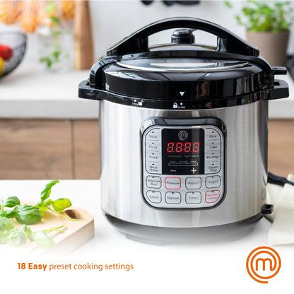 MasterChef Electric Pressure Cooker 10 in 1 Instapot Multicooker 6 Qt, Slow Cooker, Vegetable Steamer, Rice Maker, Digital Programmable Insta Pot with 18 Cooking Presets, Stainless Steel, Non Stick