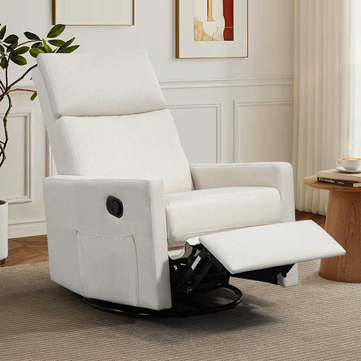 LONWIK Swivel Rocker Recliner Chair, Upholstered Fabric Nursery Rocking Glider Chair with Adjustable Backrest and Footrest, Lay Flat Recliner Single Lazy Sofa for Living Room(Beige) LONWIK