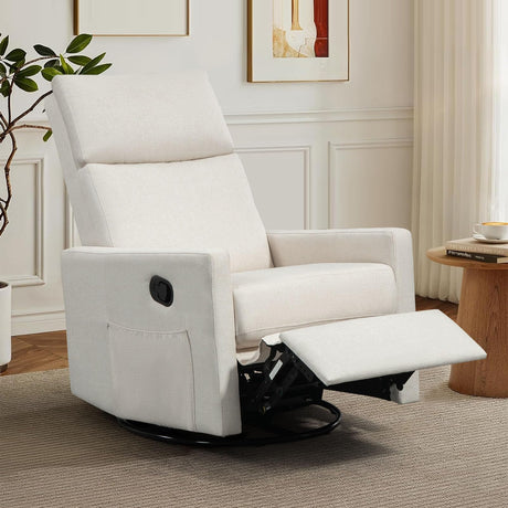 LONWIK Swivel Rocker Recliner Chair, Upholstered Fabric Nursery Rocking Glider Chair with Adjustable Backrest and Footrest, Lay Flat Recliner Single Lazy Sofa for Living Room(Beige) LONWIK