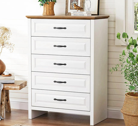 Marsail 5 Drawer Dresser for Bedroom, Farmhouse Wood Wide Chest of Drawers, Storage Dressers Organizer with Anti-Slip Kit for Living Room, Bedroom & Hallway Marsail
