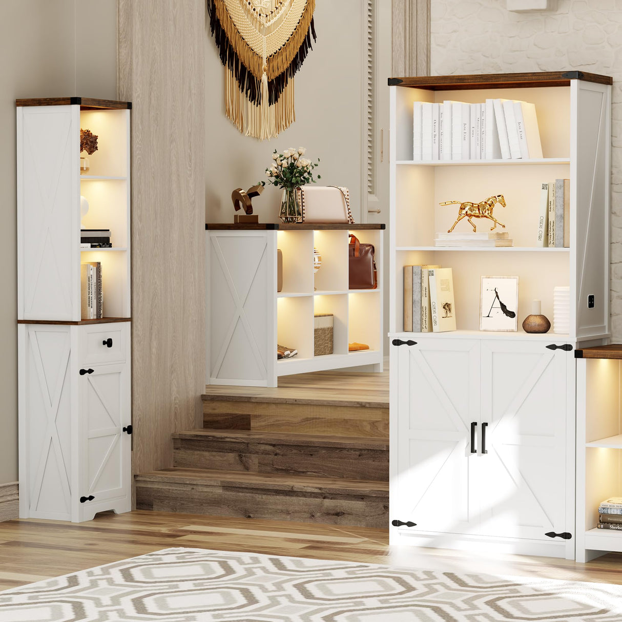 HWB Farmhouse 6 Cube White Bookcase with LED Lighting and Charging Station HWB